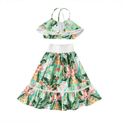 Children Kids Baby Fashion Girls Sleeveless Lace Flower Print Suspender Top And Skirt 2pcs Set