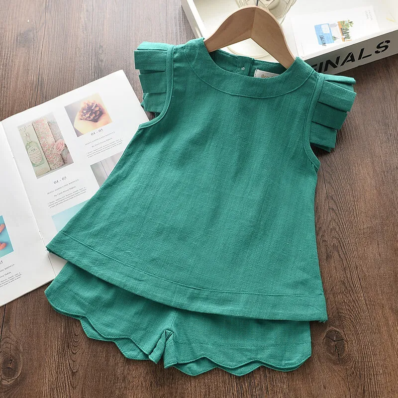 Girls Fashion Solid Color Sleeveless Ruffled Tops And Shorts Set