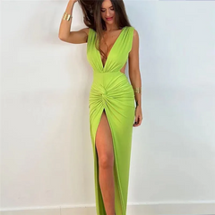 Spring And Summer Women Fashion Backless Sexy V-Neck Side-Slit Maxi Solid Dress