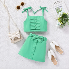 Children Kids Baby Fashion Girls Solid Color Lace-Up Suspender Top And Shorts 2pcs Set