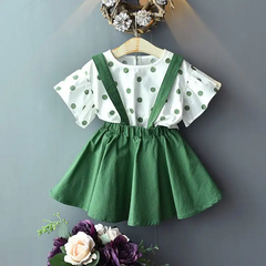 Girls Ruffled Polka Dot Tops And Suspender Skirt Set