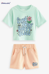 Children Kids Baby Fashion Girls Casual Basic Short Sleeve Letter Print T-Shirt And Shorts 2pcs Set