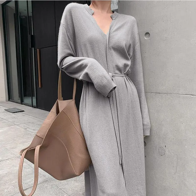 Autumn Winter Mid-Length V-Neck Solid Color Long Sleeve Knitted Dress