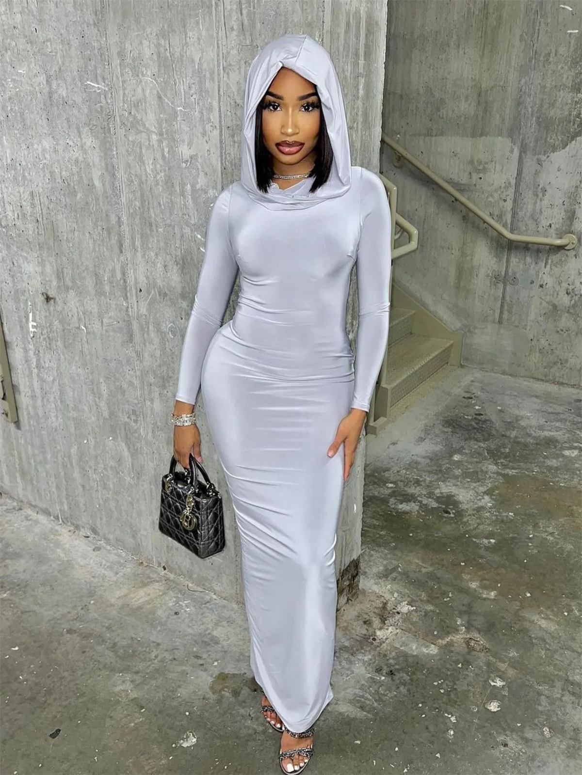 Women Fashion Solid Color Long Sleeve Hooded Maxi Dress