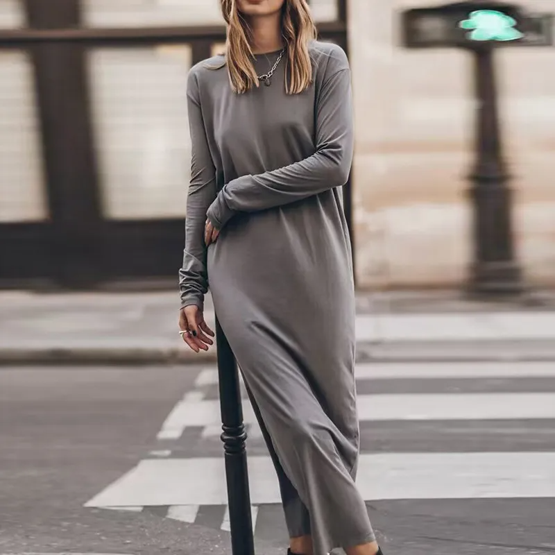 Casual Women Side-Slit Long-Sleeved Solid Color Maxi Dress