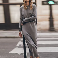 Casual Women Side-Slit Long-Sleeved Solid Color Maxi Dress