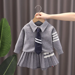 Kids Toddler Girls Autumn Winter Fashion Casual Simple Preppy Solid Color Striped Sweater Pleated Skirt Set