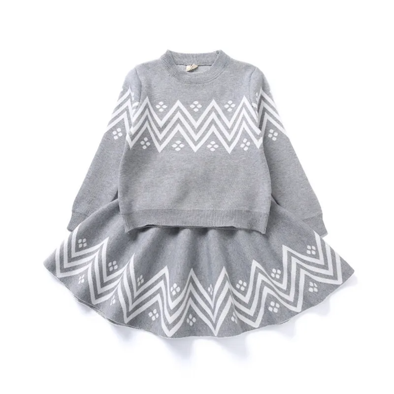 Girls Round Neck Long-Sleeve Tops And Stripe Skirt Two-Piece Set