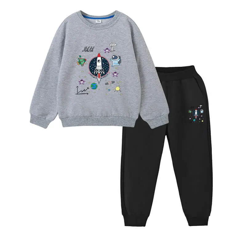 Kids Casual Round Neck Space Printed Sweatshirt And Jogger Pants Set