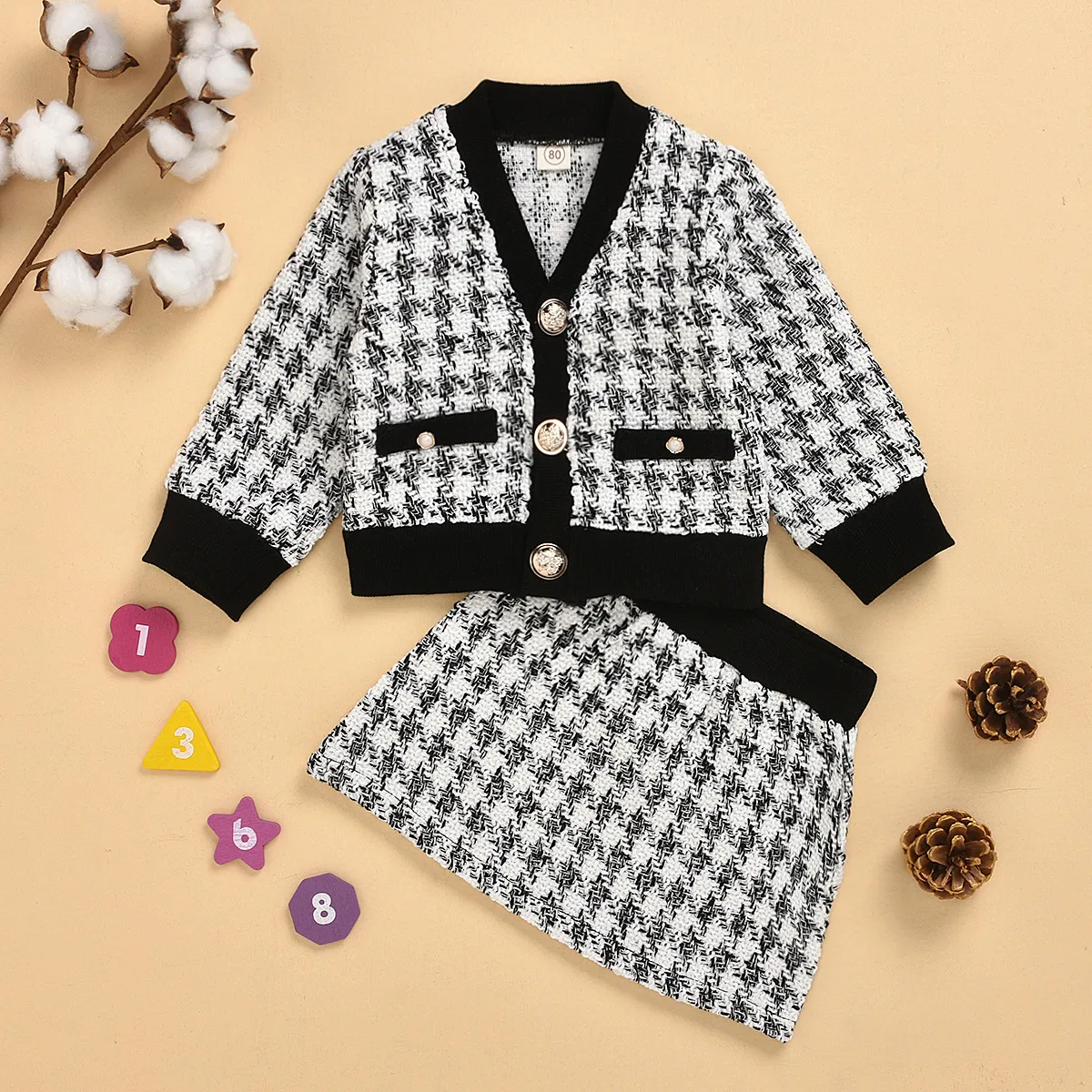 Girls Fashion Long Sleeve Rib Knit Houndstooth Coat And Skirt Set