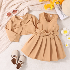 Kids Toddler Girls Fashion Casual Solid Color Sleeveless V Neck Pleated Dress Long Sleeve Lapel Coat Sets