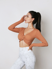 Fashion Sexy V-Neck Women'S Solid Color Long-Sleeved Sports Crop Tops