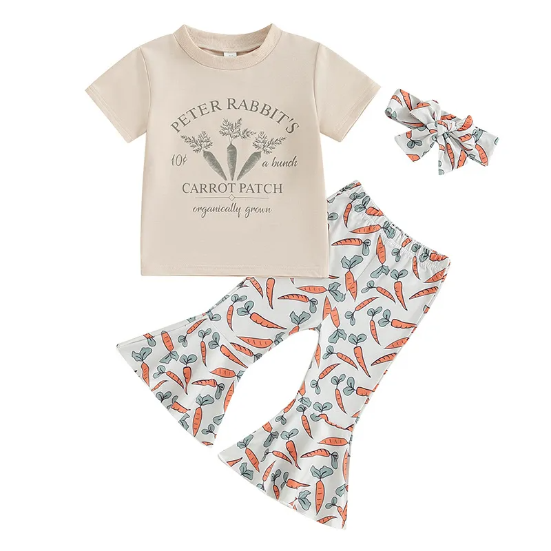 Kids Toddler Girls Casual Cute Easter Cartoon Letters Print Short Sleeve Round Neck T-Shirt Flare Trousers Set