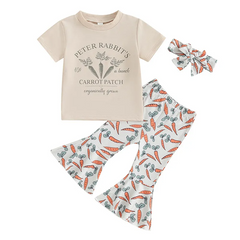 Kids Toddler Girls Casual Cute Easter Cartoon Letters Print Short Sleeve Round Neck T-Shirt Flare Trousers Set