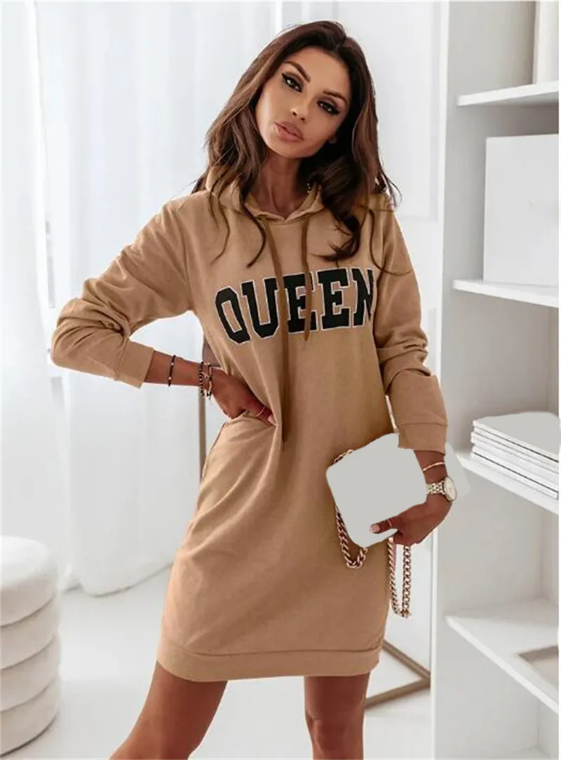 Autumn Winter Women Casual Long-Sleeved Hooded Letter Dress