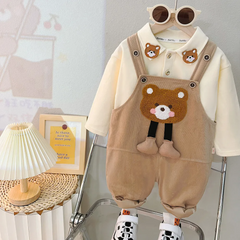 Kids Toddler Girls Boys Autumn Winter Fashion Casual Cute Solid Color Cartoon Bear Long Sleeve Sweatshirts Suspender Trousers Suit