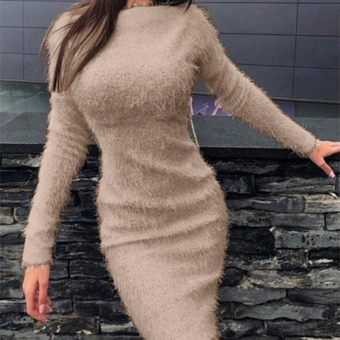 Winter Women Fashion Solid Color Plush Bodycon Dress