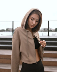 Fashion Athleisure Women Long-Sleeved Sports Cropped Zipper Solid Hoodie