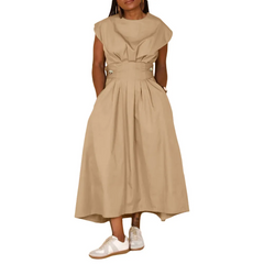 Casual Women Solid Color Round Neck Loose Large Swing Nylon Dress