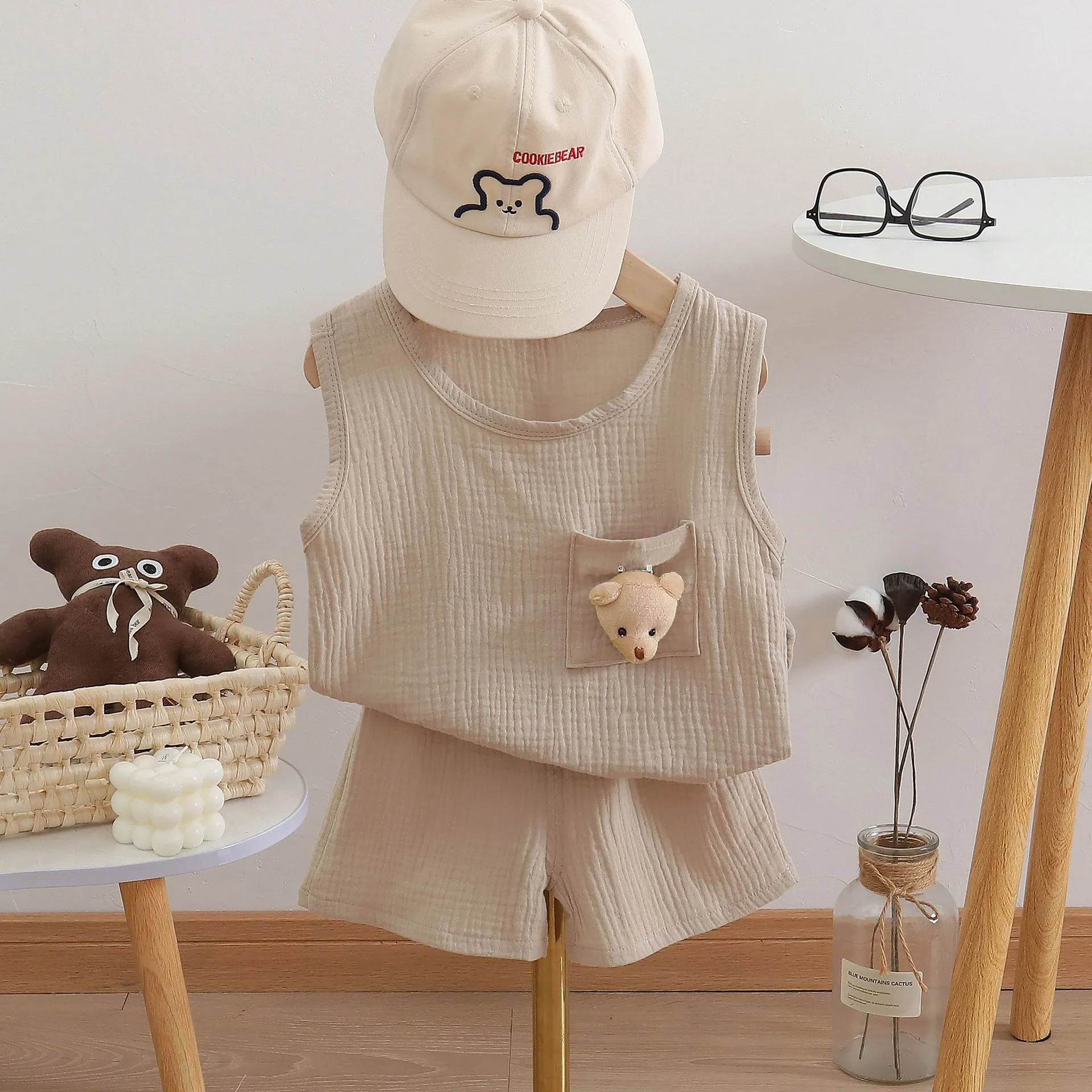 Kids Toddler Girls Boys Summer Fashion Casual Solid Color Bear Pendant Round Neck Sleeveless Vest Shorts Set