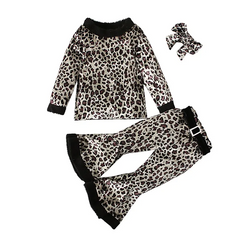 Children Kids Toddlers Girls Leopard Long-Sleeved Top And Flared Pants 2pcs Set