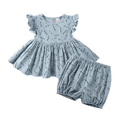 Children Kids Baby Fashion Girls Casual Basic Ruffle Sleeve Print T-Shirt And Shorts 2pcs Set