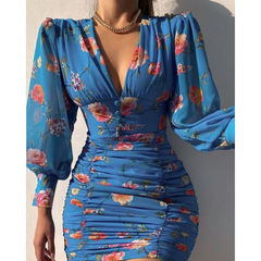 Women Fashion Flower Print Long Sleeve Pleated Bodycon Dress