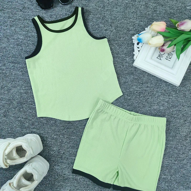 Children Kids Baby Fashion Girls Solid Color Vest And Shorts 2pcs Set