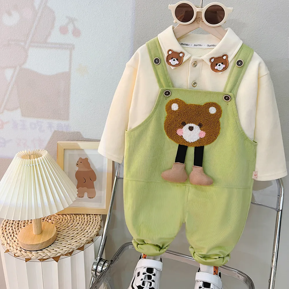 Kids Toddler Girls Boys Autumn Winter Fashion Casual Cute Solid Color Cartoon Bear Long Sleeve Sweatshirts Suspender Trousers Suit