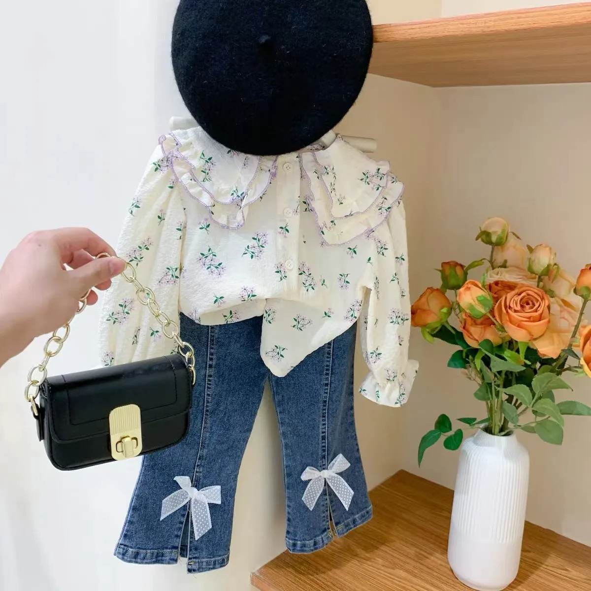 Children Kids Toddlers Girls Long-Sleeved Flower Shirt And Bow Jeans 2pcs Set