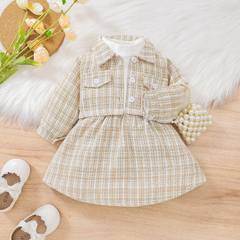 Kids Baby Girls Fashion Casual Chic Plaid Long Sleeve Lapel Coat Dress Sets