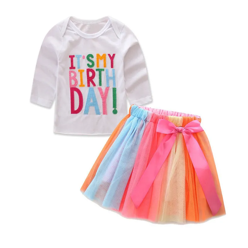 Kids Toddler Girls Party Casual Cute Rainbow Letter Round Neck Long Sleeve Short Sleeve Skirts Set