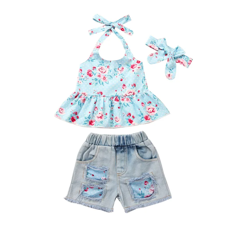 Girls Fashion Flower Pattern Tops And Denim Shorts Set