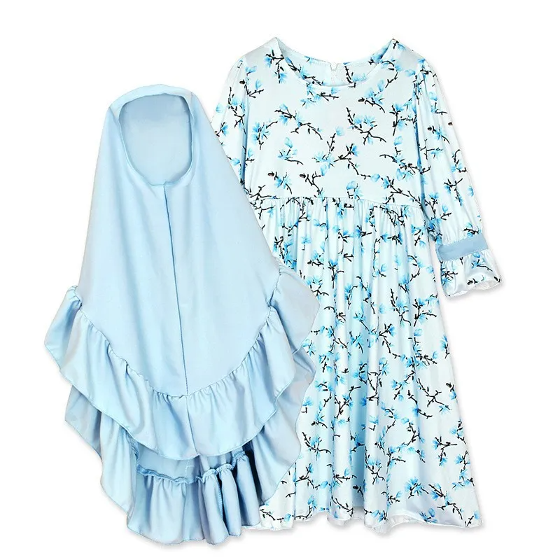 Children Kids Baby Fashion Girls Long-Sleeved Flower Print Dress And Headscarf Muslim 2pc Set