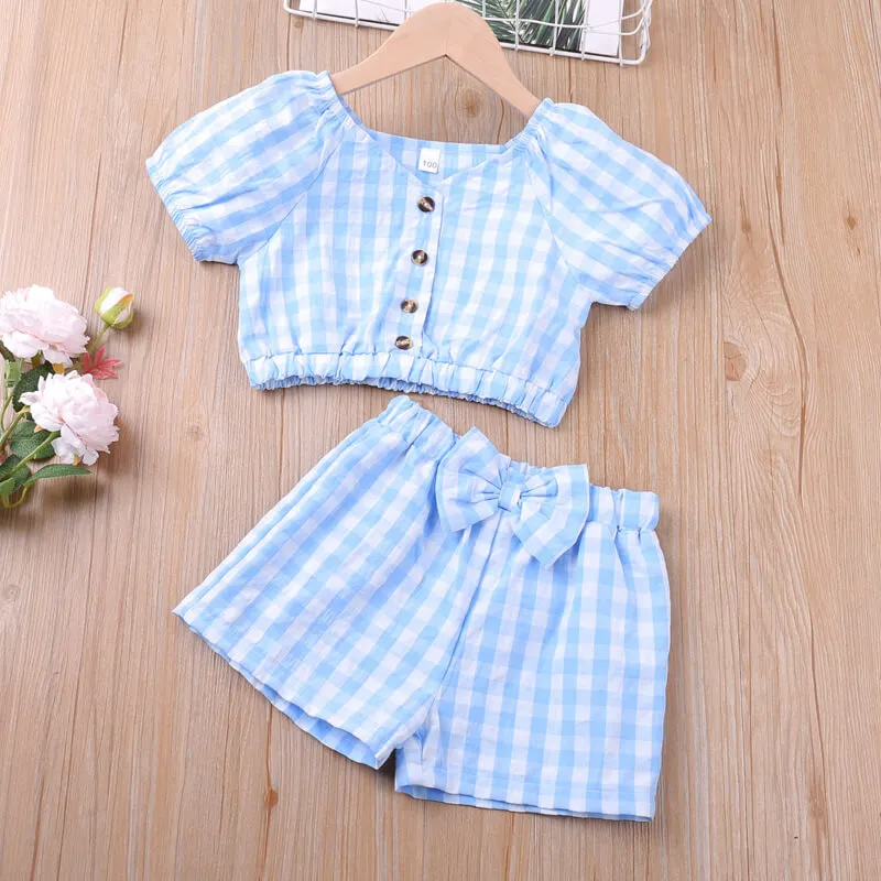 Girls Fashion Plaid Tops And Bow Decor Shorts Set