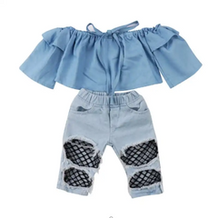 Kids Off-The-Shoulder Denim Top And Hole Fishnet Design Jeans Suit