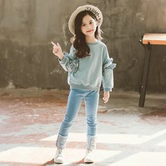 Girls Long-Sleeves Lace Design Solid Color Sweatshirt And Jeans Set