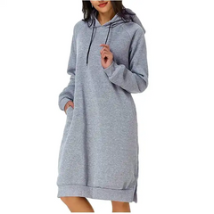 Autumn Winter Women Fashion Solid Color Hooded Long Sleeve Loose Dress