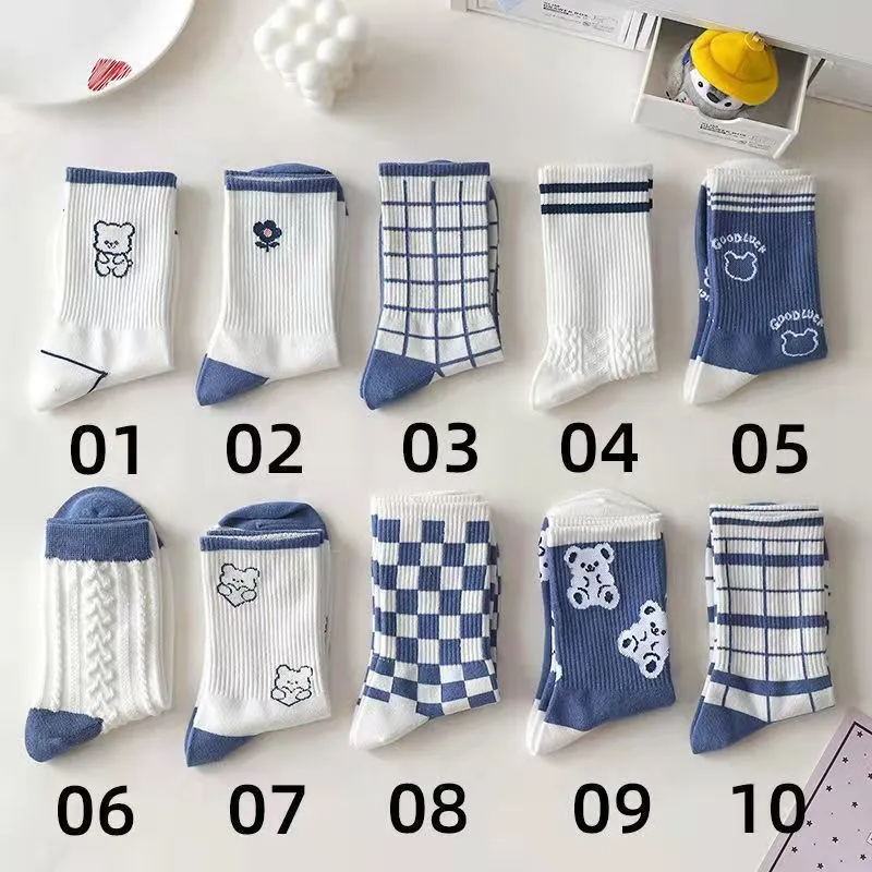 5 Pairs/Dozen Women Cute Blue Series Bear Printed Cotton Socks