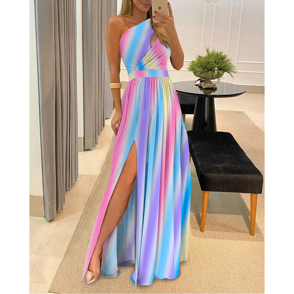 Women Fashion Sexy Oblique Shoulder Hollow-Out Maxi Dress