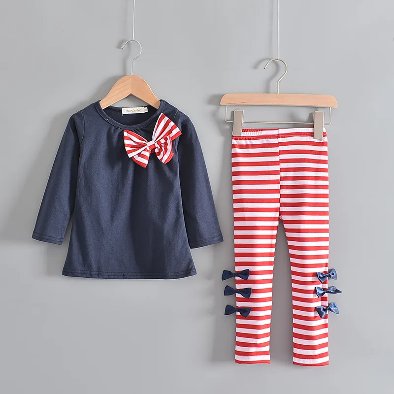 Children Kids Toddlers Girls Long Sleeve Bow Knott-Shirt And Pants 2pcs Set