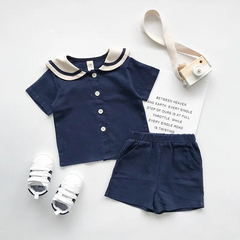 Children Kids Baby Fashion Boys Girls Short Sleeve Peter Pan Collar Shirt And Shorts 2pcs Set