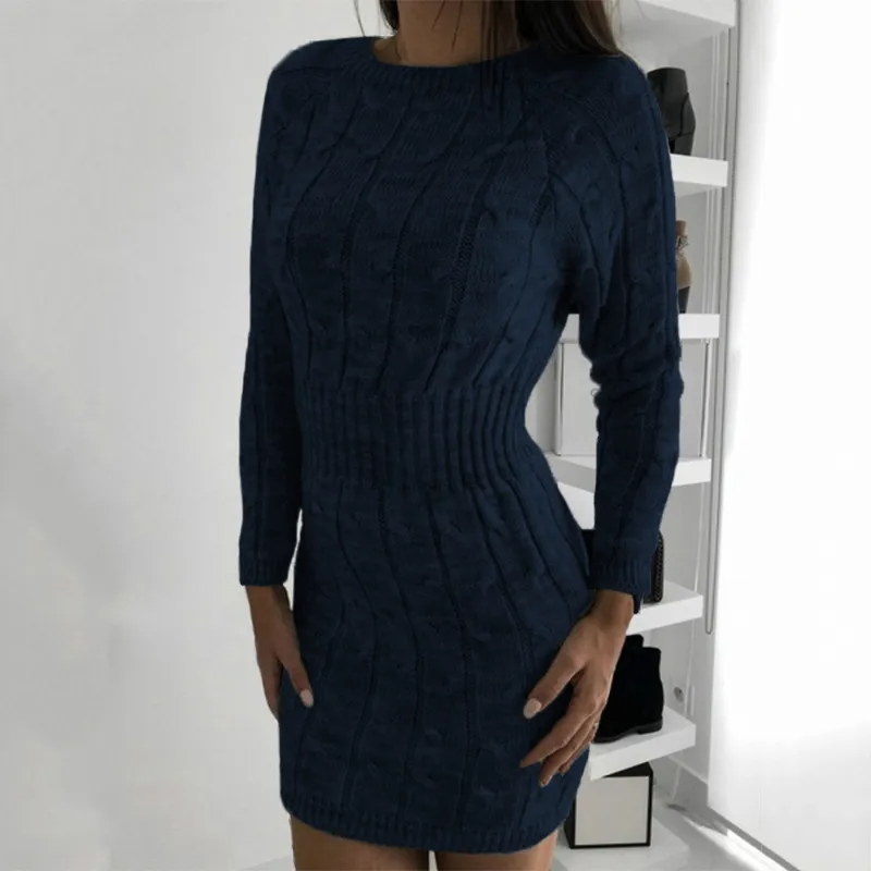 Autumn Winter Round Neckline Defined Waist Bodycon Knitted Dress