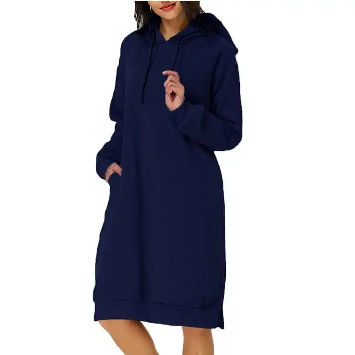 Autumn Winter Women Fashion Solid Color Hooded Long Sleeve Loose Dress