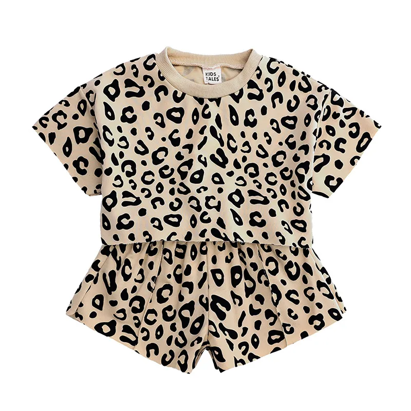 Children Kids Baby Fashion Girls Casual Basic Short Sleeve Leopard Print T-Shirt And Shorts 2pcs Set