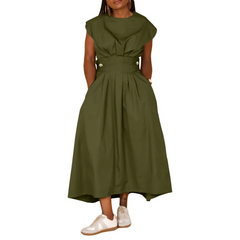 Casual Women Solid Color Round Neck Loose Large Swing Nylon Dress