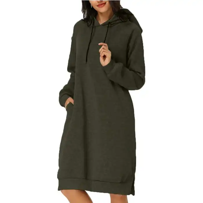 Autumn Winter Women Fashion Solid Color Hooded Long Sleeve Loose Dress