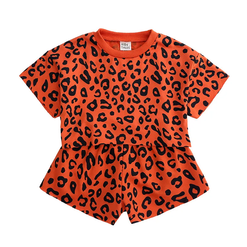 Children Kids Baby Fashion Girls Casual Basic Short Sleeve Leopard Print T-Shirt And Shorts 2pcs Set