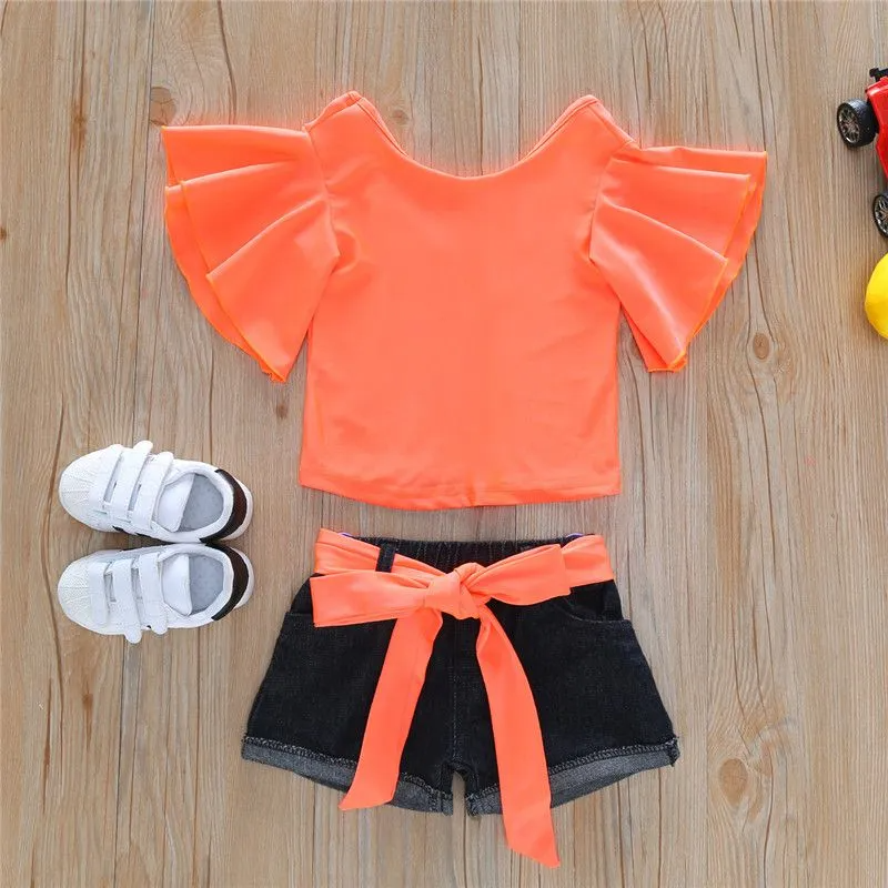 2 Pcs Fashion Girl Neon Color Ruffle Sleeves Tops And Shorts Set