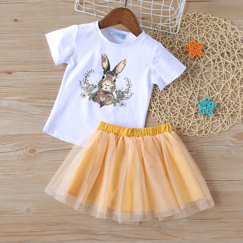 Girls Cute Rabbit Pattern T-Shirt And Mesh Skirt